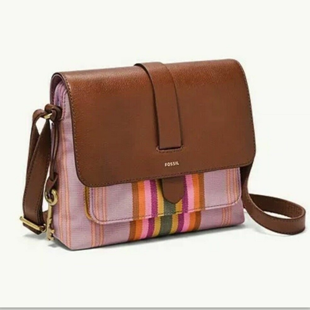Fossil Leather & Stripe Canvas Crossbody Bag Brown Multicolor